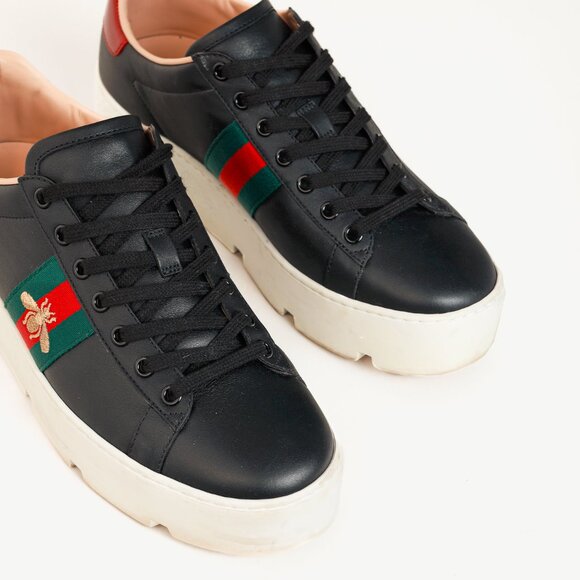 Gucci Ace Web Gold Bee Black Leather White Platform Sneaker - Picture 6 of 11